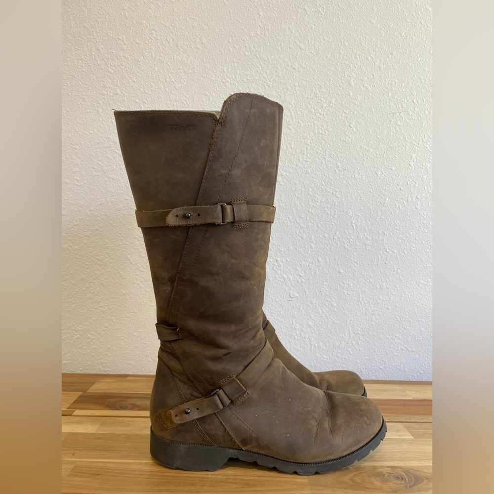 Teva | Brown De La Vina 1003011 Leather Side Zip Mid-Calf Riding Boots Size 8 - Picture 6 of 11
